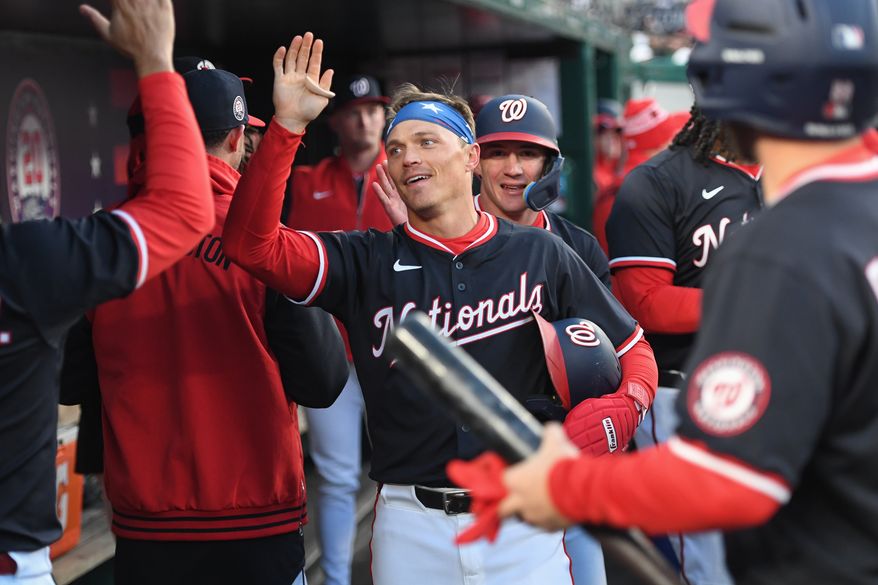 Washington Nationals left fielder Alex Call (17) in the dugout after scoring on Keibert Ruiz’s single during the second inning of an MLB game against the Los Angeles Dodgers at Nationals Park in Washington D.C., April 8, 2025. (Photo by All-Pro Reels for Washington Times Sports)