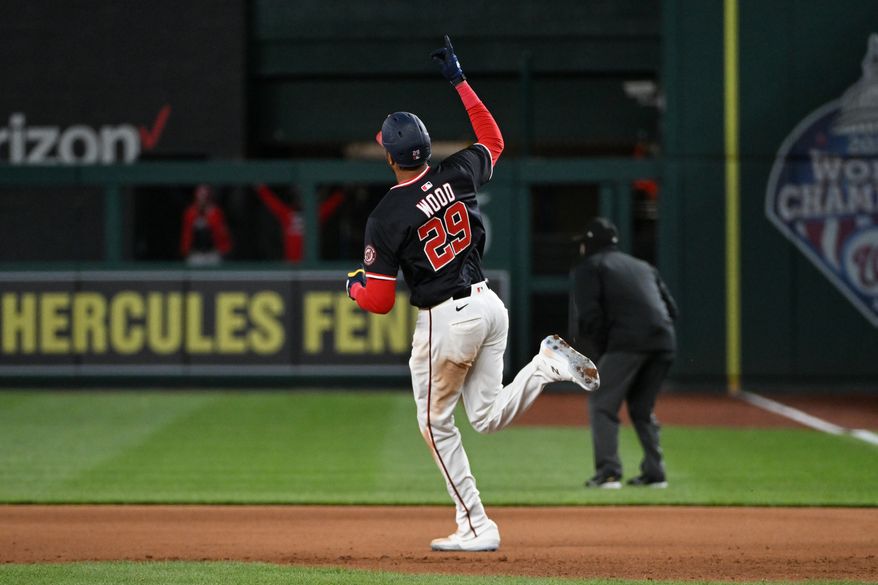 Washington Nationals designated hitter James Wood (29) rounding the bases after hitting a home run during the fourth inning of an MLB game against the Los Angeles Dodgers at Nationals Park in Washington D.C., April 8, 2025. (Photo by All-Pro Reels for Washington Times Sports)