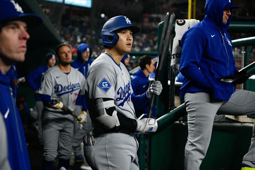 Los Angeles Dodgers designated hitter Shohei Ohtani (17) in the dugout during an MLB game against the Washington Nationals at Nationals Park in Washington D.C., April 8, 2025. (Photo by All-Pro Reels for Washington Times Sports)
