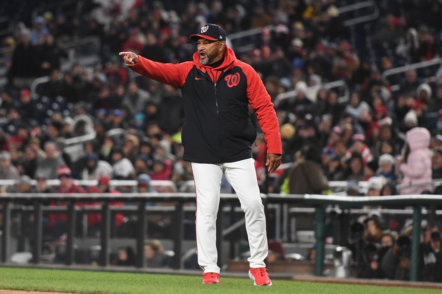 Washington Nationals Manager Dave Martinez (4) on the field arguing with an umpire during the seventh inning of an MLB game against the Los Angeles Dodgers at Nationals Park in Washington D.C., April 8, 2025. (Photo by All-Pro Reels for Washington Times Sports)