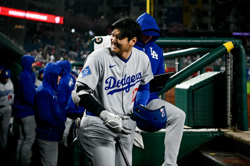 Los Angeles Dodgers designated hitter Shohei Ohtani (17) in the dugout during an MLB game against the Washington Nationals at Nationals Park in Washington D.C., April 8, 2025. (Photo by All-Pro Reels for Washington Times Sports)