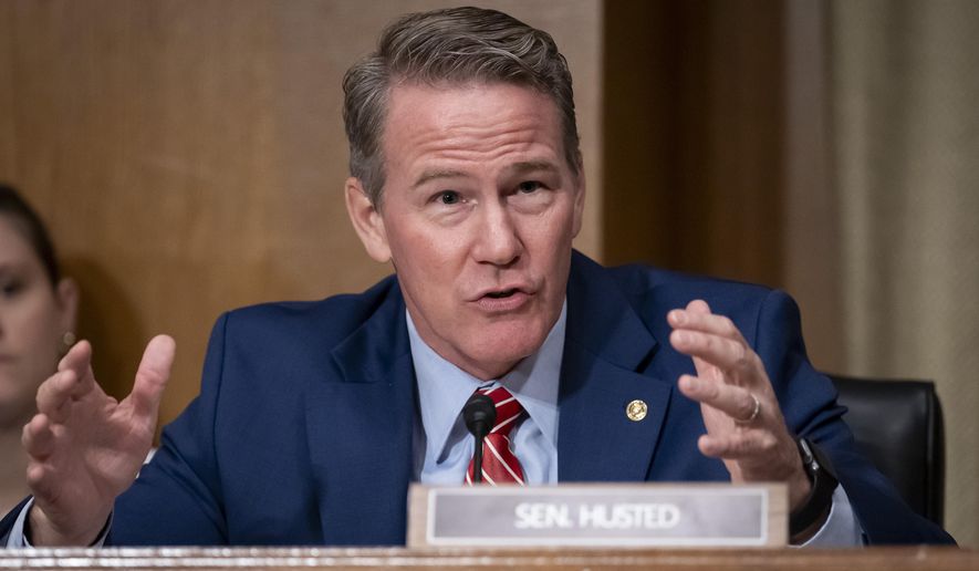 FILE - Sen. Jon Husted, R-Ohio, speaks during the confirmation hearing of Dr. Jay Bhattacharya, President Donald Trump's choice to be Director of the National Institutes of Health, before the Senate Health, Education, Labor, and Pensions Committee, at Capitol Hill in Washington, Wednesday, March 5, 2025. (AP Photo/Ben Curtis, file)