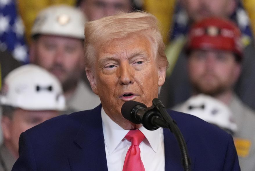 President Donald Trump speaks during an event on energy production in the East Room of the White House, Tuesday, April 8, 2025, in Washington. (AP Photo/Alex Brandon)