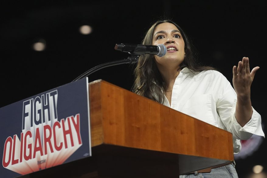 Rep. Alexandria Ocasio-Cortez, D-N.Y., speaks during a "Fighting Oligarchy" tour event at Arizona State University, Thursday, March 20, 2025, in Tempe, Ariz. (AP Photo/Ross D. Franklin) ** FILE **
