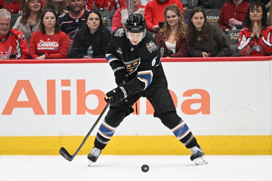 Washington Capitals defenseman Jakob Chychrun (6) fighting for control of the puck during the first period of an NHL game against the Columbus Blue Jackets at Capital One Arena in Washington D.C., April 13, 2025. (Photo for the Washington Times)