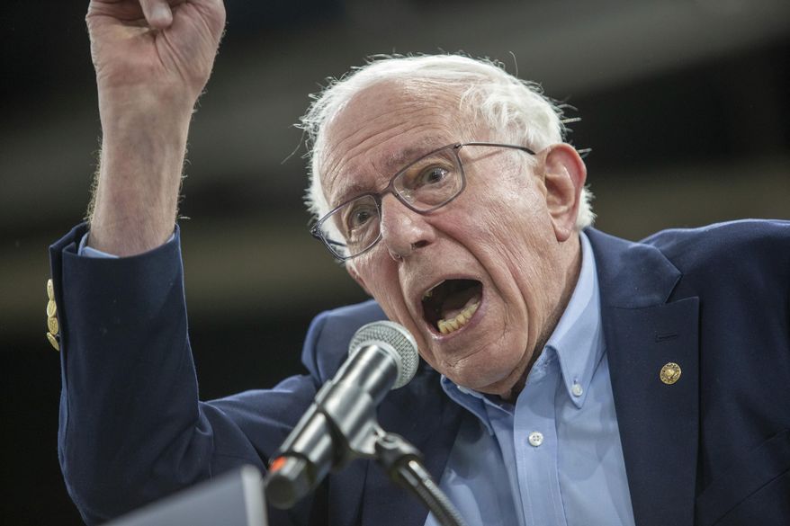 Sen. Bernie Sanders, I-Vt., speaks during his "Fighting Oligarchy" event at the Ford Idaho Center in Nampa, Idaho, Monday, April 14, 2025. (AP Photo/Kyle Green)