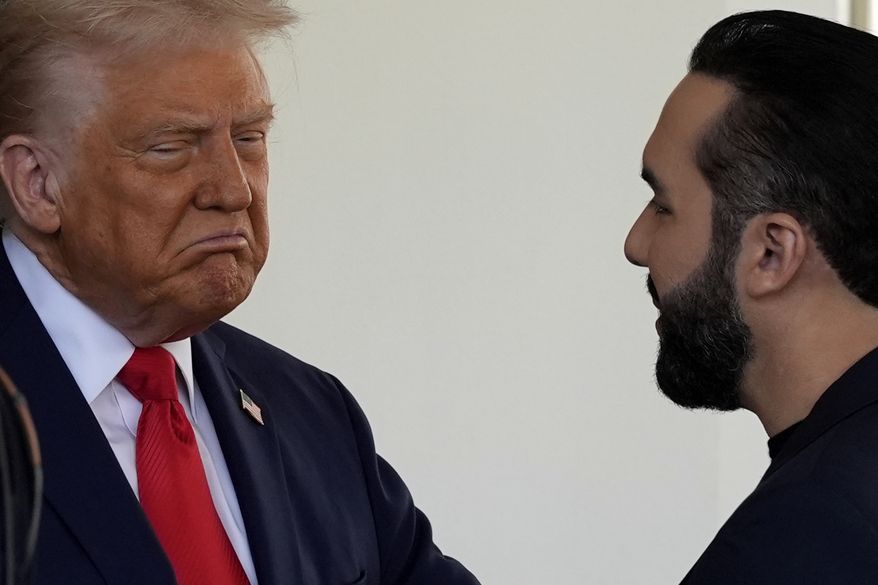 President Donald Trump greets El Salvador's President Nayib Bukele as he arrives at the West Wing of the White House, Monday, April 14, 2025, in Washington. (AP Photo/Alex Brandon)