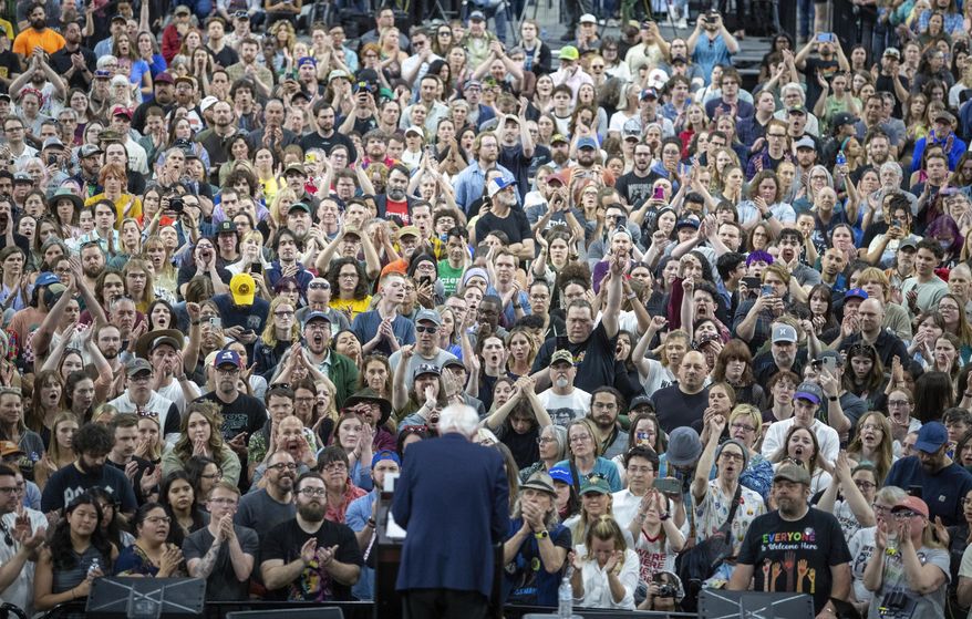 Sen. Bernie Sanders, I-Vt., speaks during his "Fighting Oligarchy" event at the Ford Idaho Center in Nampa, Idaho, Monday, April 14, 2025. (AP Photo/Kyle Green)