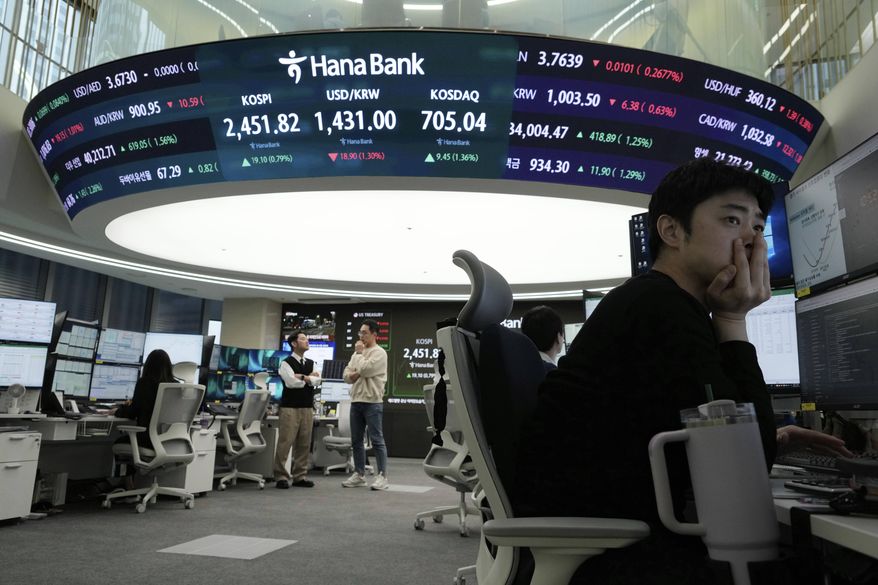 A currency trader watches monitors near a screen showing the Korea Composite Stock Price Index (KOSPI), top center left, and the foreign exchange rate between U.S. dollar and South Korean won, top center, at the foreign exchange dealing room of the KEB Hana Bank headquarters in Seoul, South Korea, Monday, April 14, 2025. (AP Photo/Ahn Young-joon)
