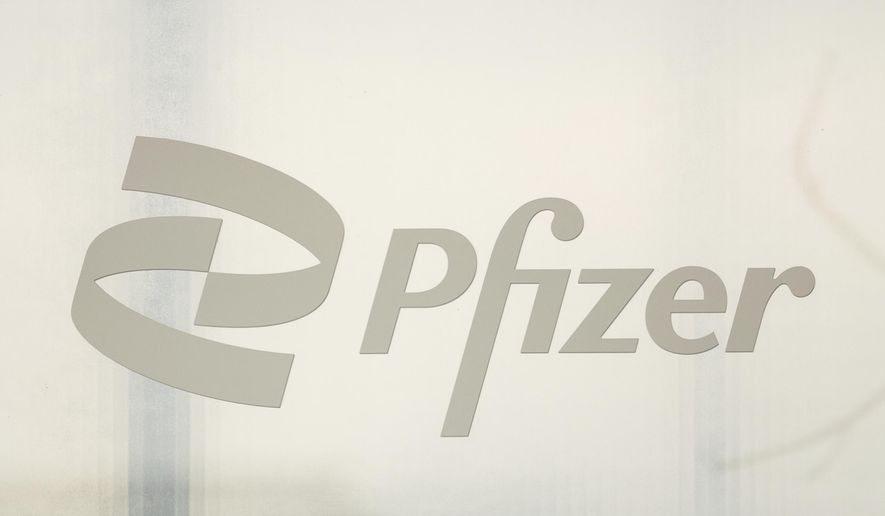 Pfizer signage is displayed at the Pfizer NYC Headquarters, Thursday, April 10, 2025, in New York. (AP Photo/Yuki Iwamura)