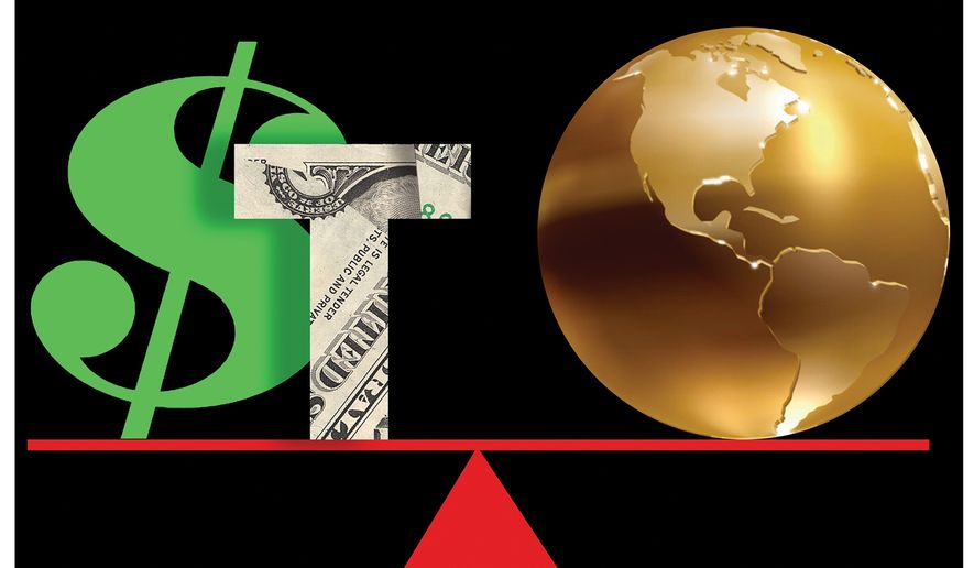 Trump's tariff policy and the world economy illustration by Alexander Hunter/The Washington Times