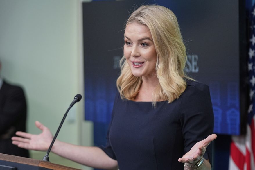 White House press secretary Karoline Leavitt speaks with reporters in the James Brady Press Briefing Room at the White House, Tuesday, April, 15, 2025, in Washington. (AP Photo/Manuel Balce Ceneta)