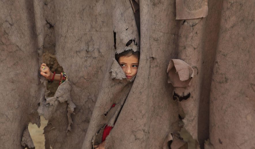 An Afghan refugee girl peers through a torn curtain at the entrance of her home at Kababayan Refugee Camp in Peshawar, Pakistan, Tuesday, April 8, 2025. (AP Photo/Muhammad Sajjad)