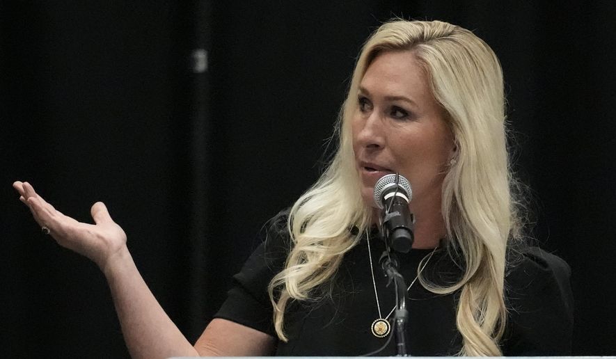 Rep. Marjorie Taylor Greene, R-Ga., speaks during a town hall-style meeting, Tuesday, April 15, 2025, in Acworth, Ga. (AP Photo/Mike Stewart) ** FILE **
