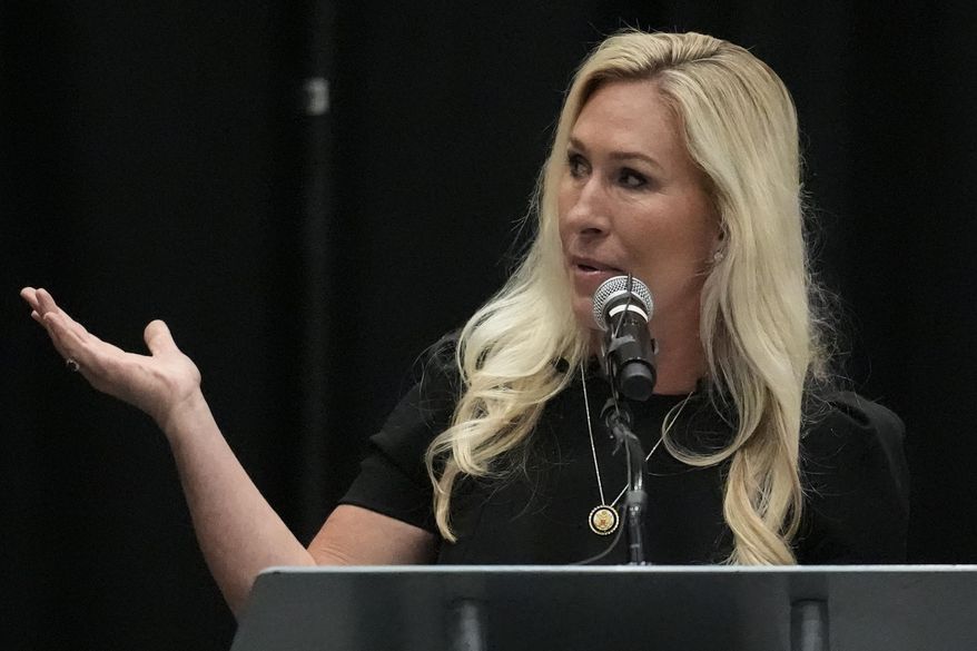 Rep. Marjorie Taylor Greene, R-Ga., speaks during a town hall-style meeting, Tuesday, April 15, 2025, in Acworth, Ga. (AP Photo/Mike Stewart) ** FILE **