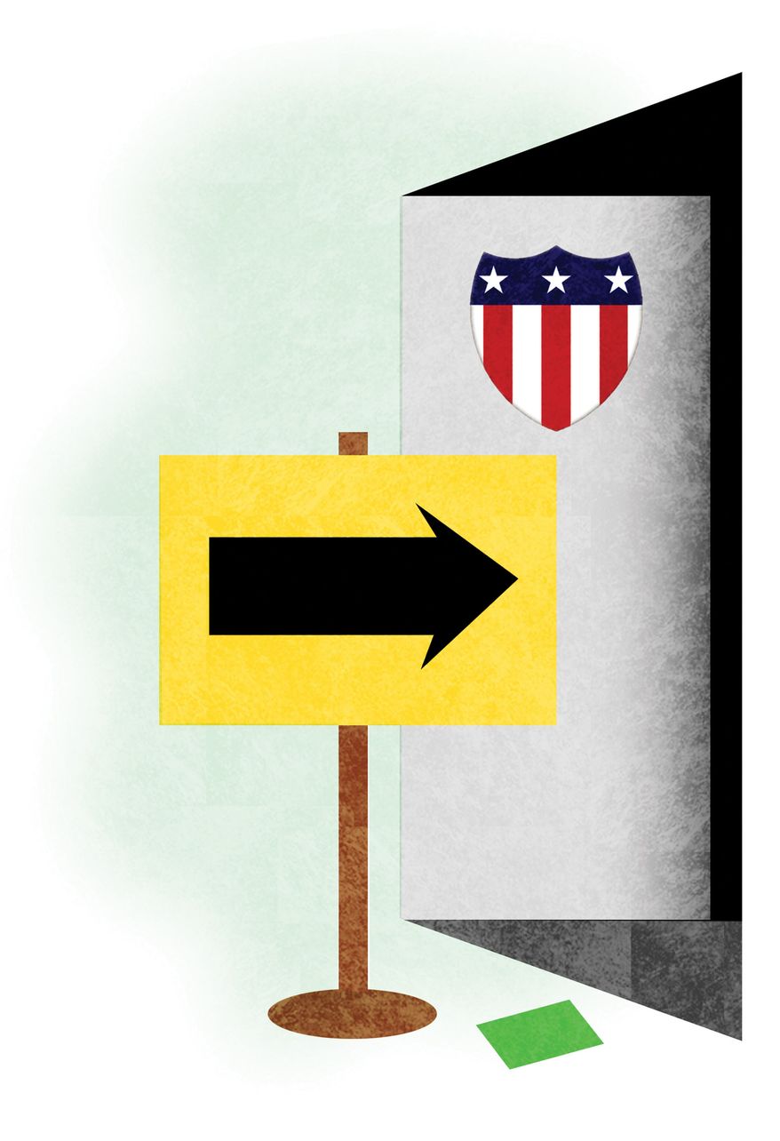 Deporting green card holders from the United States of America illustration by Alexander Hunter/The Washington Times