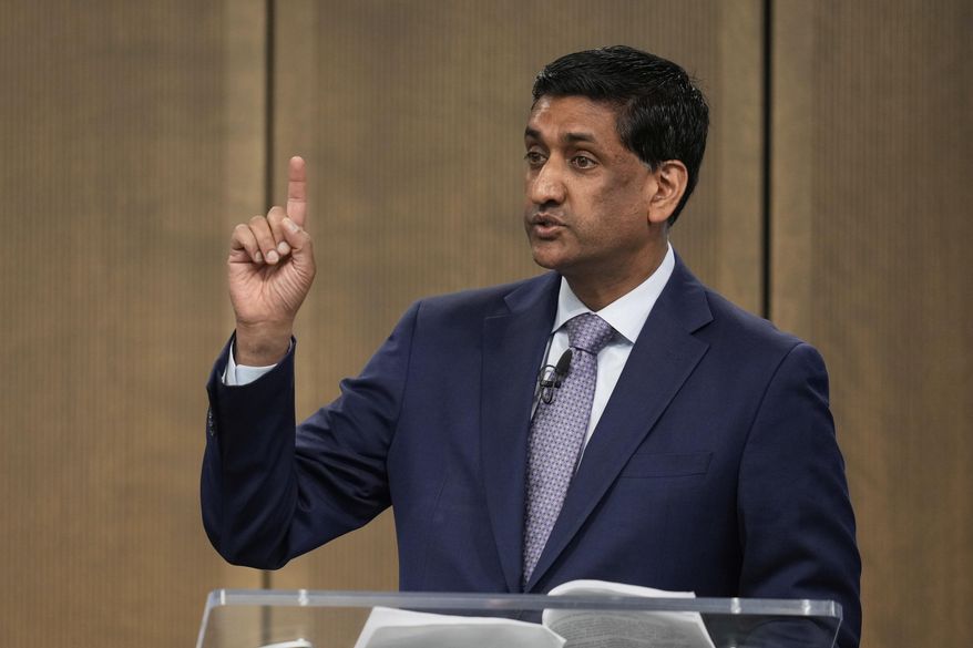 U.S. Rep. Ro Khanna (D-CA) speaks to the City Club of Cleveland, in Cleveland, Monday, April 14, 2025. (AP Photo/Sue Ogrocki)