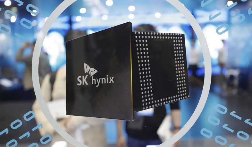 FILE - A logo of SK Hynix is seen at Korea Electronics Show in Seoul, South Korea, on Oct. 8, 2019. (AP Photo/Lee Jin-man, File)
