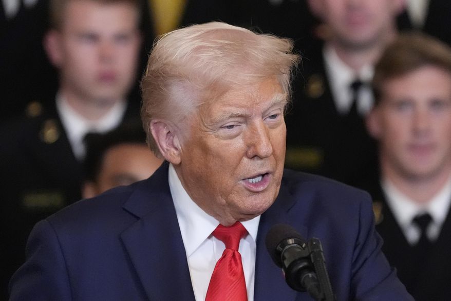 President Donald Trump speaks during the Commander-in-Chief trophy presentation to the Navy Midshipman football team in the East Room of the White House, Tuesday, April 15, 2025, in Washington. (AP Photo/Alex Brandon)