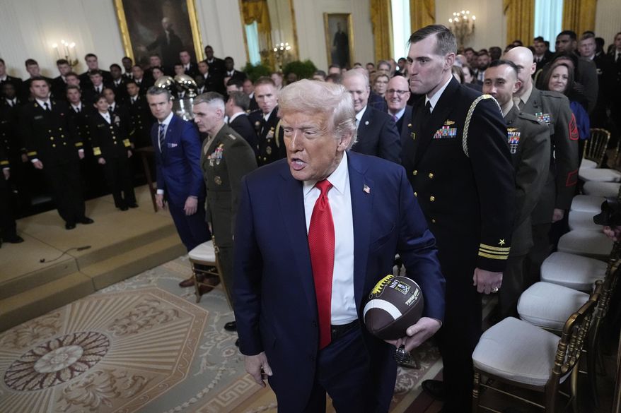 President Donald Trump departs the Commander-in-Chief trophy presentation to with the Navy Midshipman football team in the East Room of the White House, Tuesday, April 15, 2025, in Washington. (AP Photo/Alex Brandon)