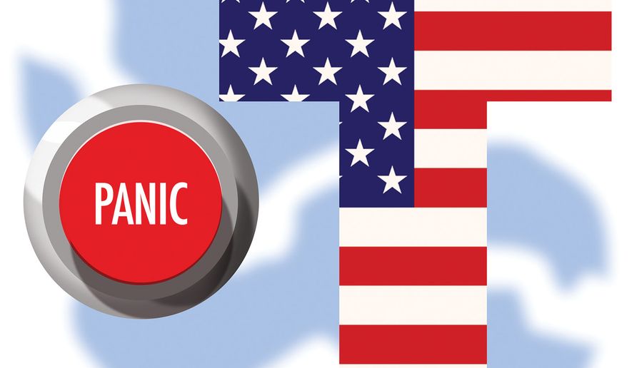 Trump's economic success and "panicans" illustration by Alexander Hunter/The Washington Times