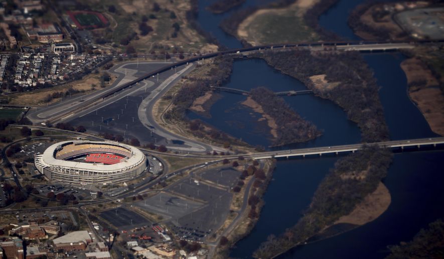 RFK Stadium is visible from Air Force One as it takes off from Andrews Air Force Base, Md., Nov. 29, 2017. (AP Photo/Andrew Harnik) ** FILE **