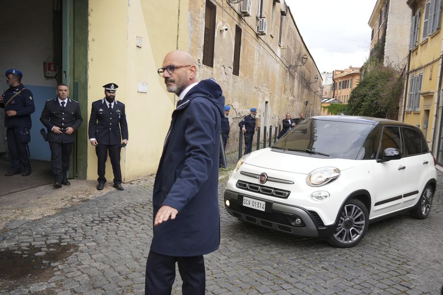 A car with Pope Francis enters the Regina Coeli penitentiary in Rome on Holy Thursday, Thursday, April 17, 2025. (AP Photo/Andrew Medichini)