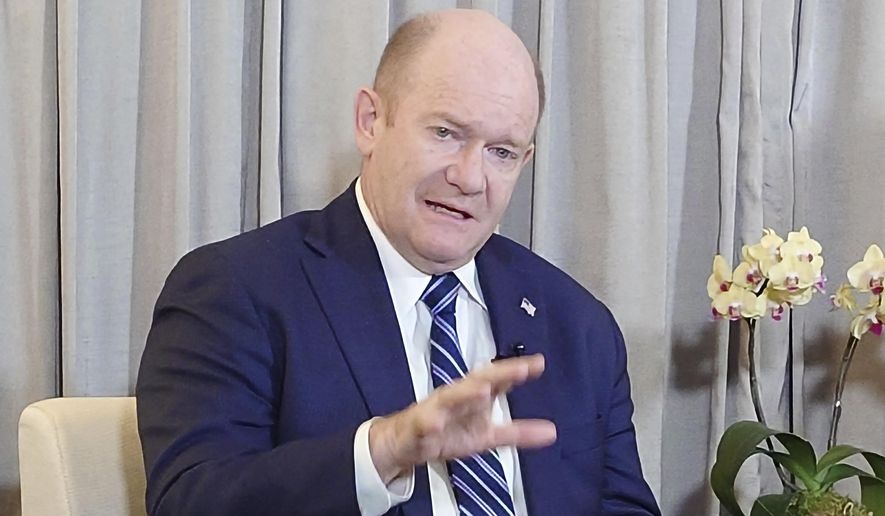 U.S. Senator Chris Coons is interviewed by the Associated Press in Taipei, Taiwan, Thursday, April 17, 2025. (AP Photo/Chiang Ying-ying)