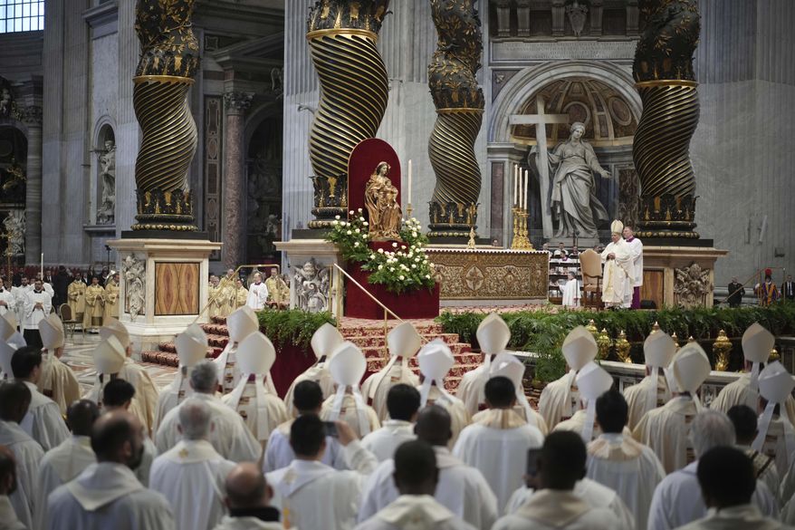 Delegate of the Holy Father, Cardinal Domenico Calcagno, presides over the Chrism Mass inside St. Peter's Basilica at The Vatican, Thursday, April. 17, 2025. (AP Photo/Andrew Medichini)