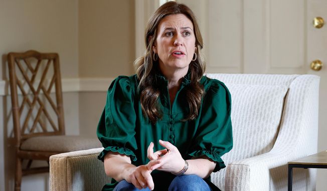 Gov. Sarah Huckabee Sanders speaks during an interview at the governor's mansion in Little Rock, Ark., on Friday, April 18, 2025. (Thomas Metthe/Arkansas Democrat-Gazette via AP)