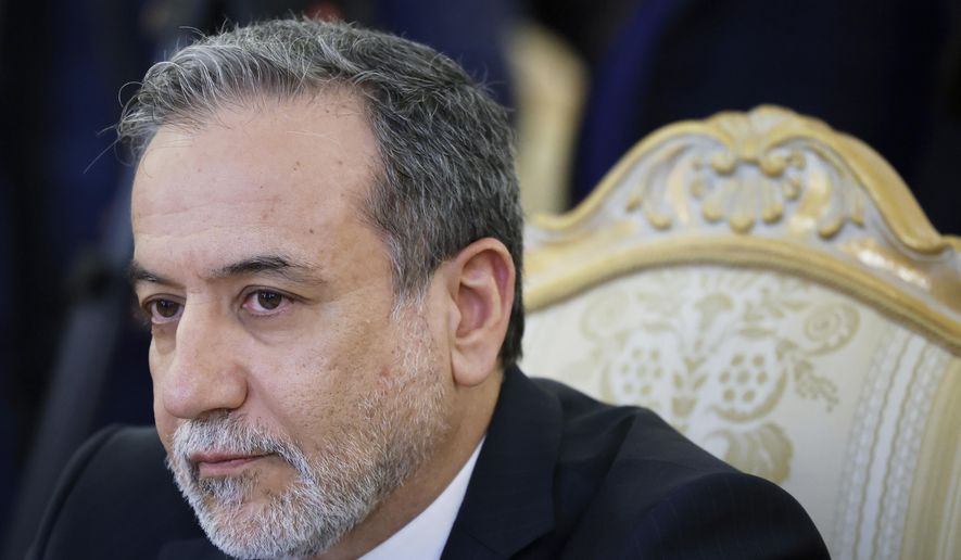 Iranian Foreign Minister Abbas Araghchi speaks with Russian Foreign Minister Sergey Lavrov during their meeting in Moscow, Russia, Friday, April 18, 2025. (Tatyana Makeyeva/Pool Photo via AP)
