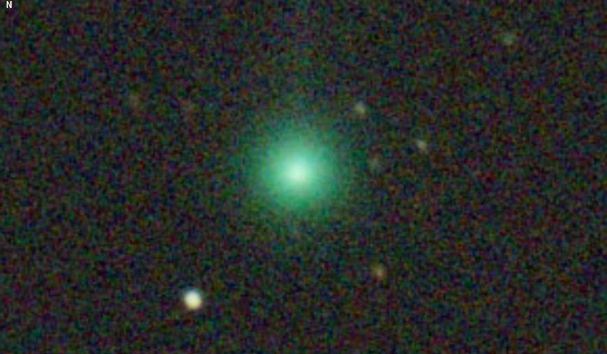 This image provided by Mike Olason shows the newly-discovered comet SWAN on April 6, 2025. (Mike Olason via AP)