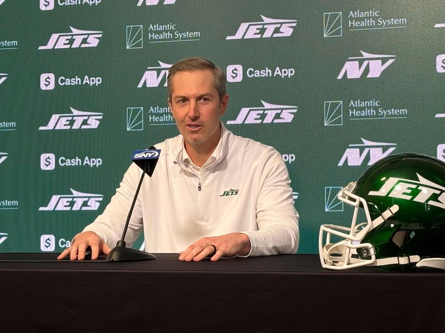 New York Jets general manager Darren Mougey speaks to reporters at the team's facility in Florham Park, New Jersey, on Monday, April 21, 2025. (AP Photo/Dennis Waszak Jr.)