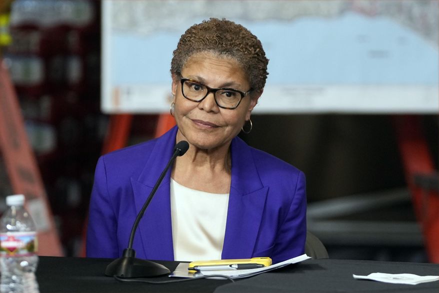 FILE - Los Angeles Mayor Karen Bass listens as President Donald Trump participates in a briefing in Los Angeles, Jan. 24, 2025. (AP Photo/Mark Schiefelbein, File)