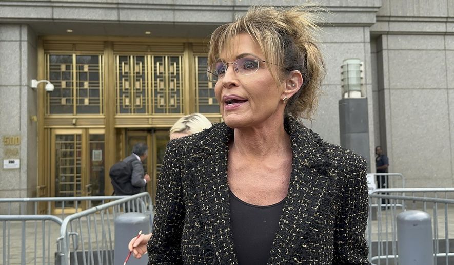 Former Alaska Gov. Sarah Palin leaves Manhattan federal court, Tuesday, April 22, 2025, in New York. A jury has concluded The New York Times did not libel Palin for an error in a 2017 editorial she says damaged her reputation. (AP Photo/Larry Neumeister)