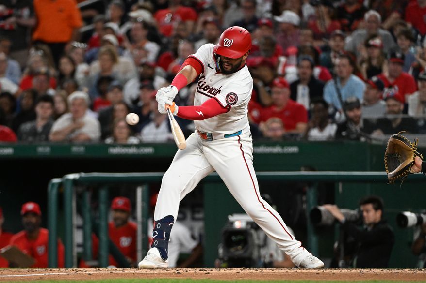 Washington Nationals second baseman Luis Garcia (2) hitting a single during the first inning of an MLB game against the Baltimore Orioles at Nationals Park in Washington D.C., April 22, 2025. (Photo by All-Pro Reels for Washington Times Sports)