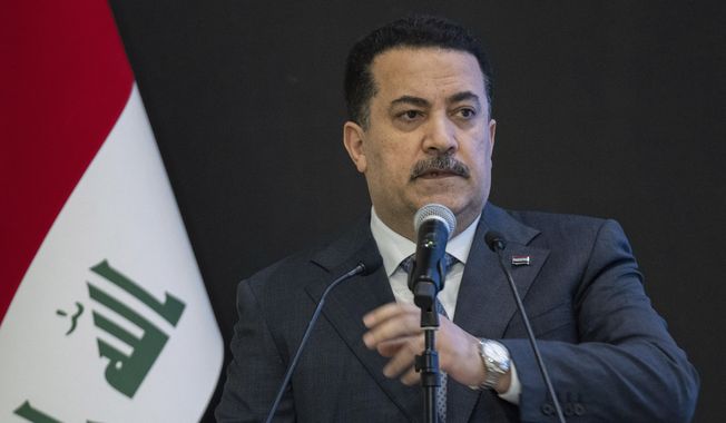 Iraqi Prime Minister Mohammed Shia al-Sudani speaks during Iraq's banking sector reform conference in Babylon Hotel in Baghdad on April 7, 2025. (AP Photo/Hadi Mizban) **FILE**