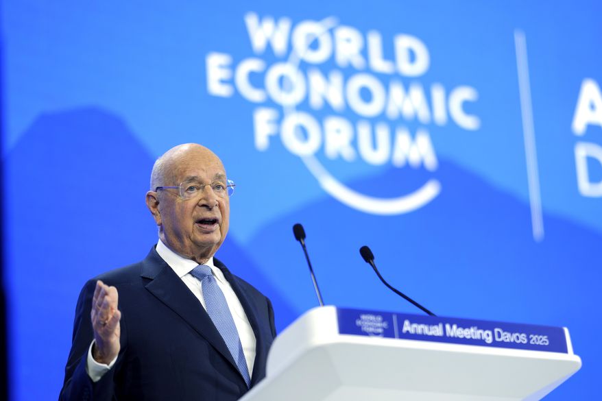 FILE - World Economic Forum (WEF) founder Klaus Schwab speaks at the Annual Meeting of World Economic Forum in Davos, Switzerland, Tuesday, Jan. 21, 2025. (AP Photo/Markus Schreiber, file)