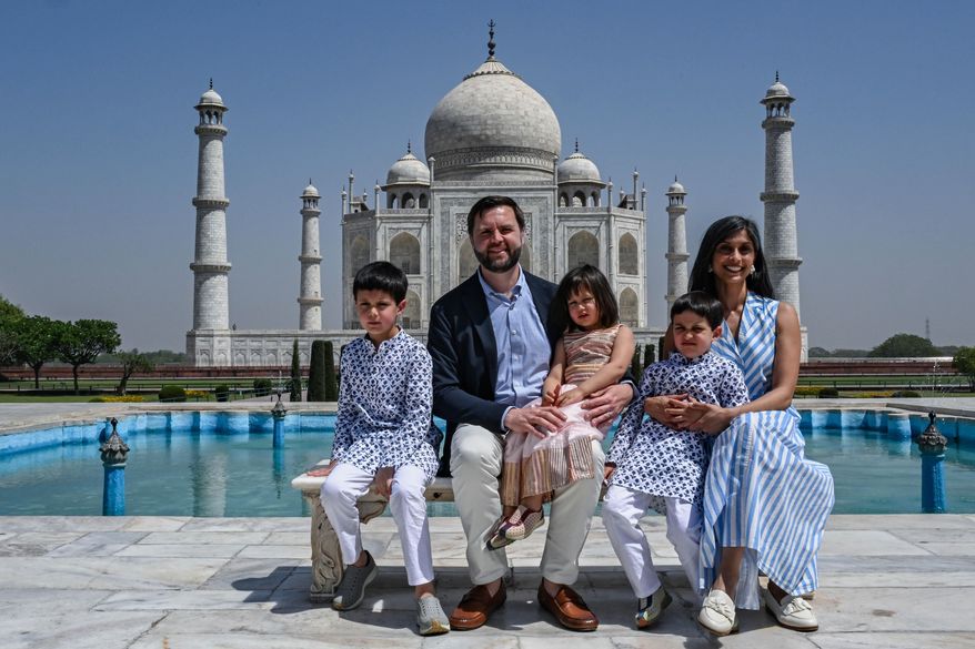 U.S. Vice President JD Vance and his family, including wife Usha Vance, visit the Taj Mahal on Wednesday, April 23, 2025, in Agra, India. (Kenny Holston /The New York Times via AP, Pool)