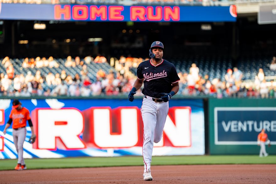 Washington Nationals Outfielder James Wood (29) starts the game with a home run at Nationals Park, Washington, D.C., April 23rd, 2025. The Washington Nationals defeat the Baltimore Orioles 4-3. (Photo by Jordan Sabillo, for the Washington Times)