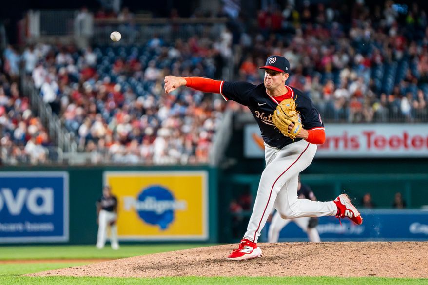 Washington Nationals Pitcher Jackson Rutledge (79) throws fast ball pitch at Nationals Park, Washington, D.C., April 23rd, 2025. The Washington Nationals defeat the Baltimore Orioles 4-3. (Photo by Jordan Sabillo, for the Washington Times)