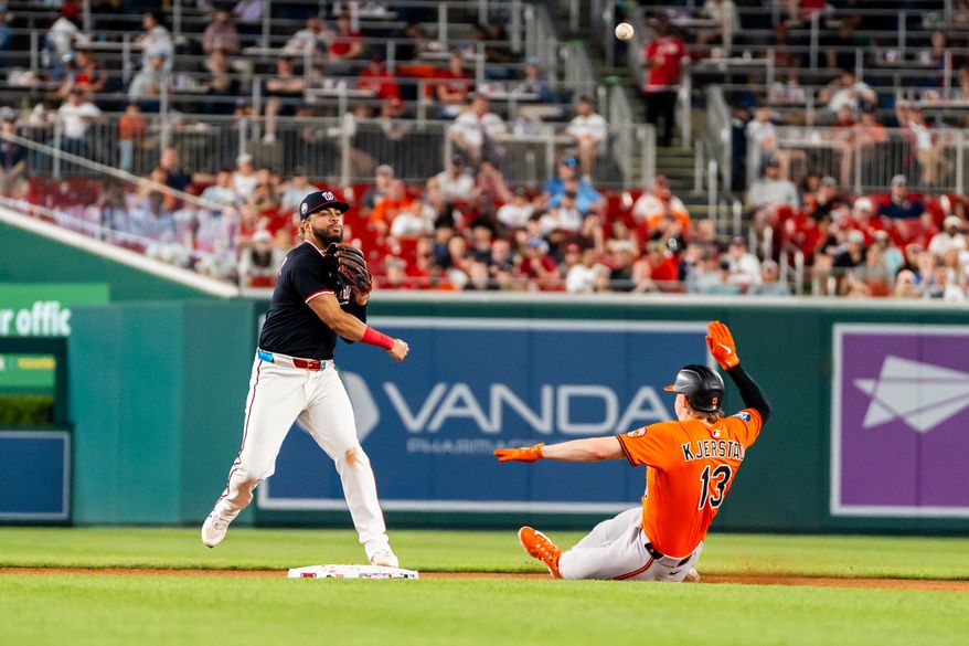 Washington Nationals Infielder Luis Garcia Jr. (2) gets second base out at Nationals Park, Washington, D.C., April 23rd, 2025. The Washington Nationals defeat the Baltimore Orioles 4-3. (Photo by Jordan Sabillo, for the Washington Times)
