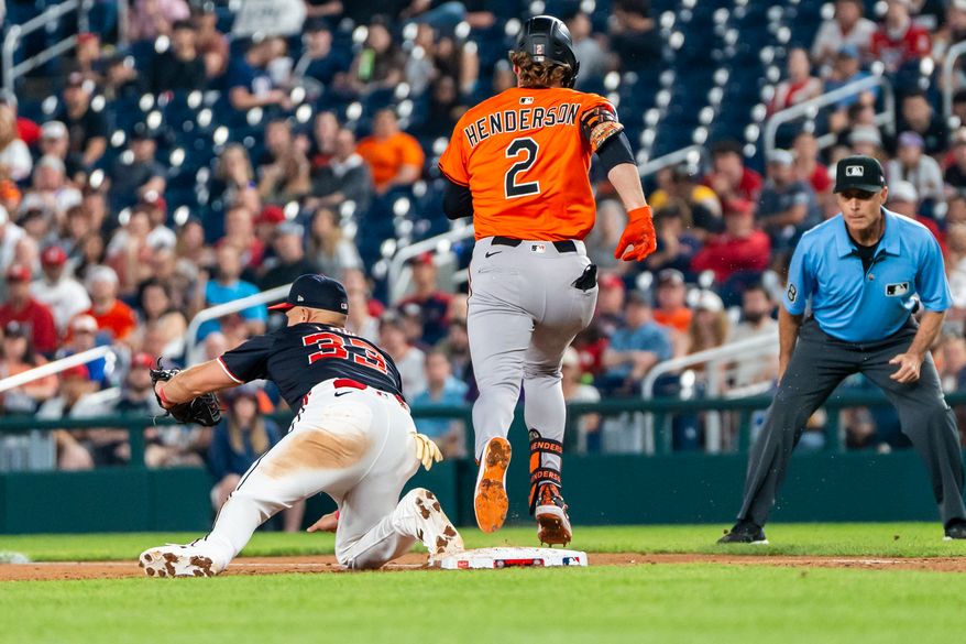Washington Nationals Infielder Nathaniel Lowe (33) gets first base out at Nationals Park, Washington, D.C., April 23rd, 2025. The Washington Nationals defeat the Baltimore Orioles 4-3. (Photo by Jordan Sabillo, for the Washington Times)