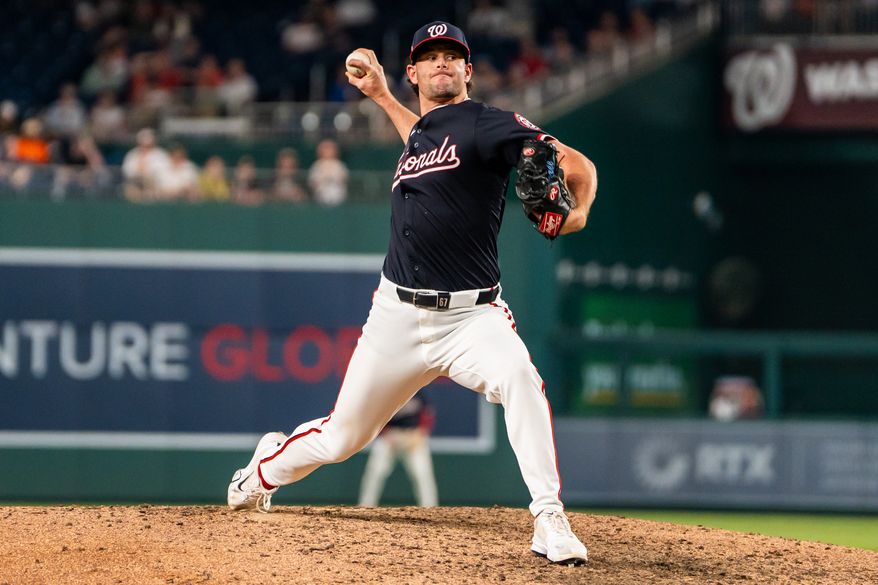 Washington Nationals Pitcher Kyle Finnegan (67) throws fast ball pitch at Nationals Park, Washington, D.C., April 23rd, 2025. The Washington Nationals defeat the Baltimore Orioles 4-3. (Photo by Jordan Sabillo, for the Washington Times)