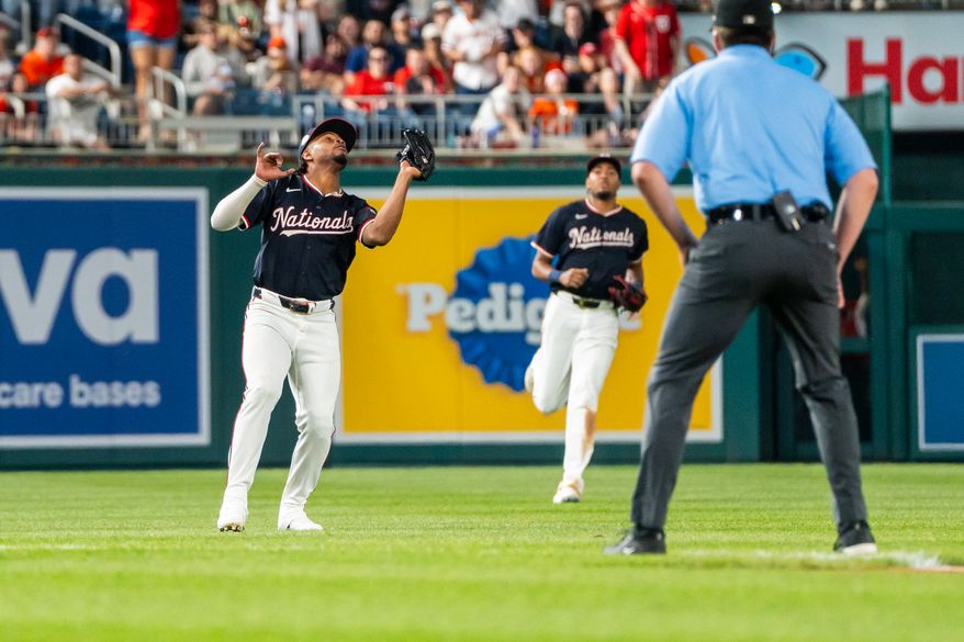 Washington Nationals Infielder Jose Tena (8) catches out to seal the game at Nationals Park, Washington, D.C., April 23rd, 2025. The Washington Nationals defeat the Baltimore Orioles 4-3. (Photo by Jordan Sabillo, for the Washington Times)