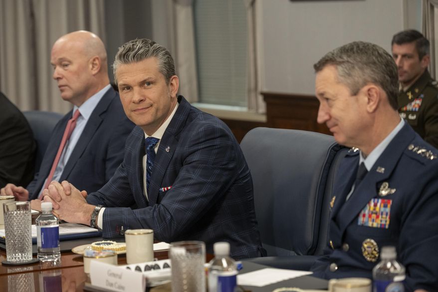 Defense Secretary Pete Hegseth, right, meets with NATO Secretary General Mark Rutte at the Pentagon in Washington on Thursday, April 24, 2025. (AP Photo/Kevin Wolf) **FILE**