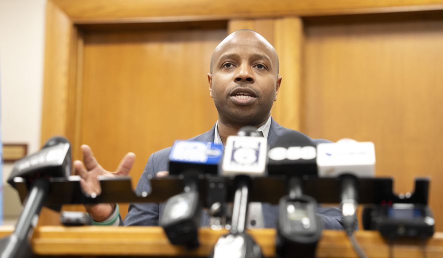 Milwaukee Mayor Cavalier Johnson addresses the media Friday, April 25, 2025, in Milwaukee after county Judge Hannah Dugan was arrested on courthouse grounds. (AP Photo/Andy Manis)
