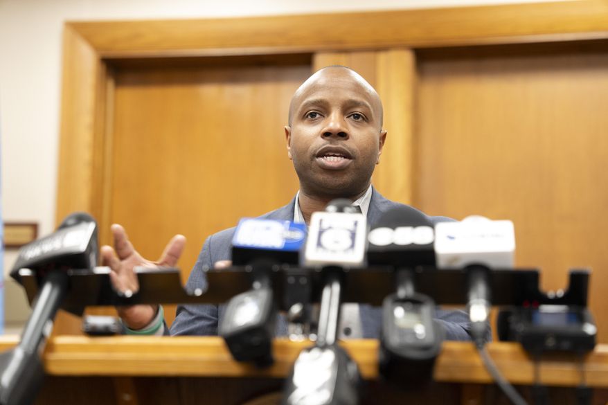 Milwaukee Mayor Cavalier Johnson addresses the media Friday, April 25, 2025, in Milwaukee after county Judge Hannah Dugan was arrested on courthouse grounds. (AP Photo/Andy Manis)