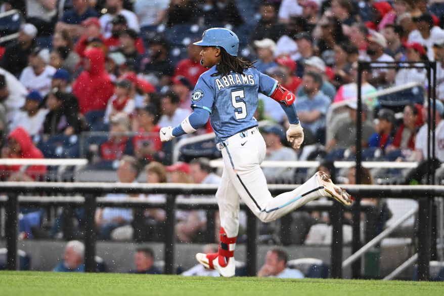 Washington Nationals shortstop C.J. Abrams (5) running to first base on his way to a triple during the third inning of an MLB game against the New York Mets at Nationals Park in Washington D.C., April 25, 2025. (Photo by All-Pro Reels for Washington Times Sports)