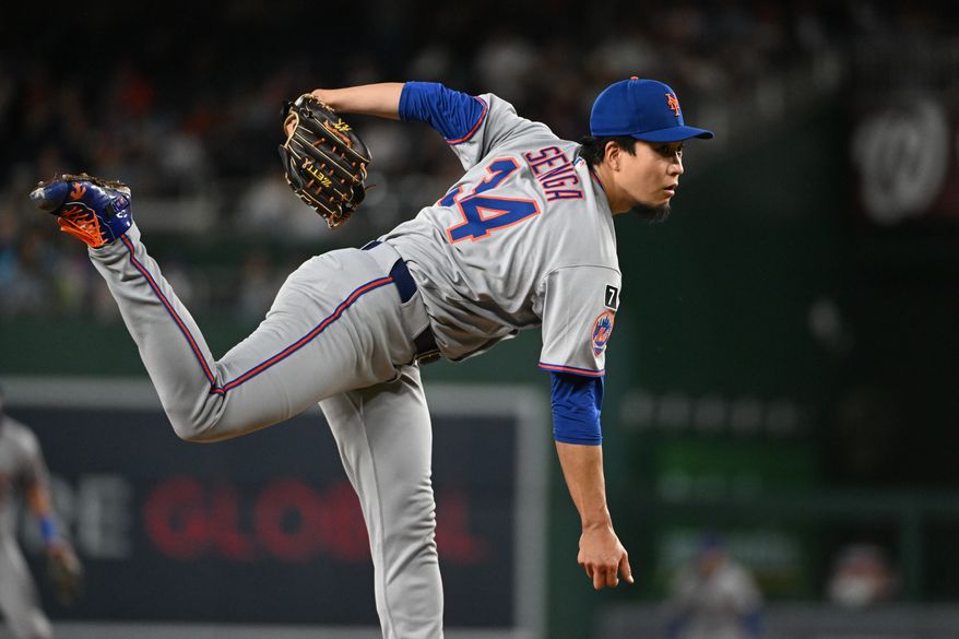 New York Mets starting pitcher Kodai Senga (34) throwing a pitch during the sixth inning of an MLB game against the Washington Nationals at Nationals Park in Washington D.C., April 25, 2025. (Photo by All-Pro Reels for Washington Times Sports)